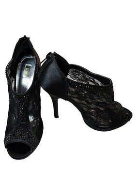CAUSE & EFFECT Black Sparkly Lace/Mesh Stiletto Bootie Peep Toe Heels Size 7.5